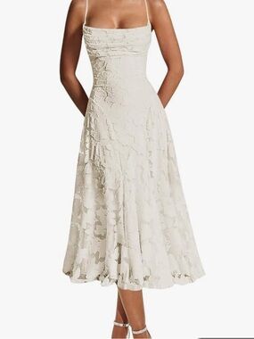 Elegant Ivory Lace Midi Dress with Spaghetti Straps